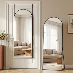58"x20" Over The Door Mirror Arched Full Length Mirror with Aluminum Frame Adjustable Hooks Wall Mounted or Standing for Bedroom Living Room Black