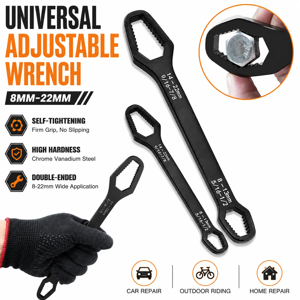 2-in-1 Self-tightening Torx & Spanner Wrench, Rust-proof Steel Universal Tool with 8-22mm/0.31-0.87in Sizes, Extra-long Design, Non-slip Handle for Car Repair & Home Users, Fits 15 Fastener Sizes
