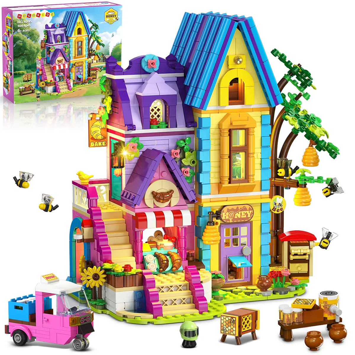 HOGOKIDS Beekeeping & Bakery House Building Toy with LED Light - 1084PCS Friends Girls Baking Building Set with Honey Workshop, Pretend Play Birthday for Kid Girls Boys Ages 8-12+ Years