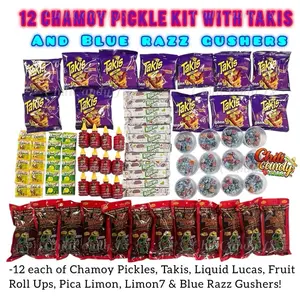 12 Pack Chamoy Pickle Kit with 12 Sour Blue Razz Gushers, 12 Fruit Roll Ups, 12 Liquid Lucas, 12 TAKIS, 12 Limon7 & 12 Pica Limon Packets Trendy Candy Snack Kit Yum!