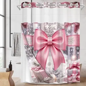 1PC/4PCS 2D Flat Printing Winter Joy Pink Bow Snow Scene Patterned shower curtain, Printed shower curtain, home bathroom decor, shower curtain set with 12 hooks, non-slip bathroom rug, U-shaped toilet seat cover