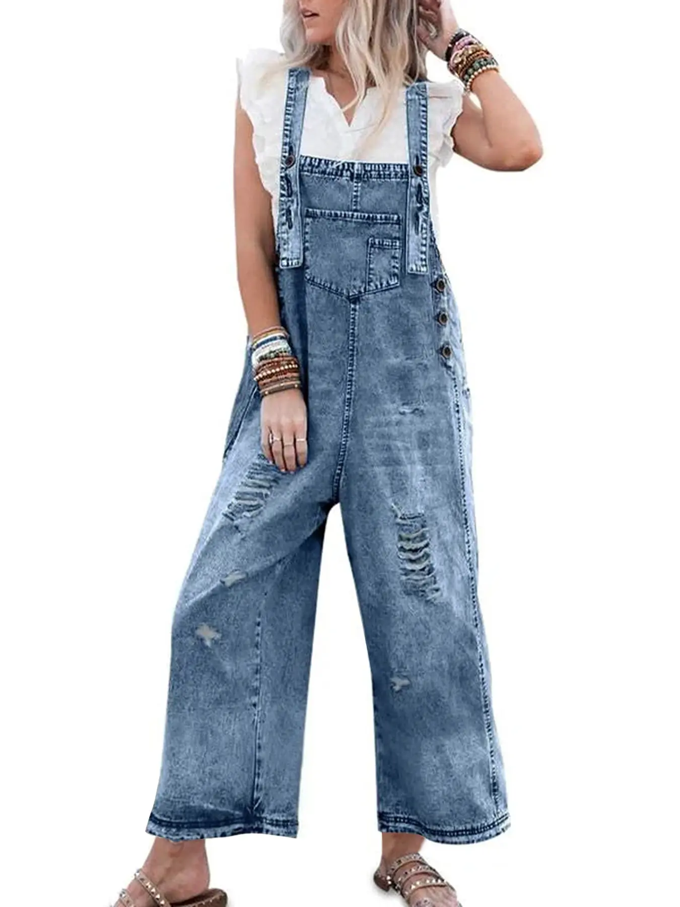 Renaishow Women's Casual Baggy Denim Overalls, Ripped Jean Style Jumpsuit with Wide Legs and Adjustable Straps, Everyday, Piece, Button, Jeans, Wide Pants, Plain, All Seasons, Loose-Fit, Ripped Detail, Sleeveless, Lady, No Shoulder