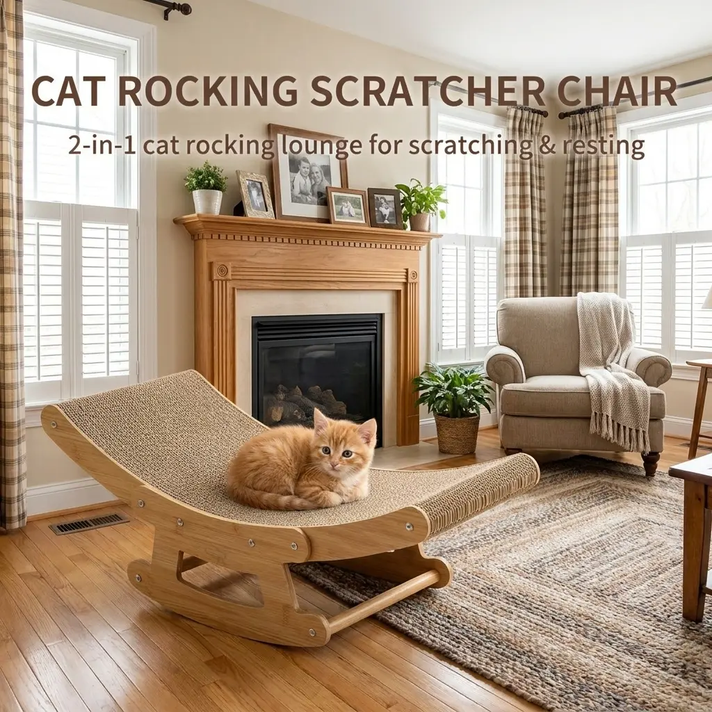 Cat Rocking Scratcher Chair – 2-in-1 Wooden Sisal Cat Scratcher & Lounge Bed, Rocking Cat Lounger for Scratching & Resting, Indoor Cat Furniture