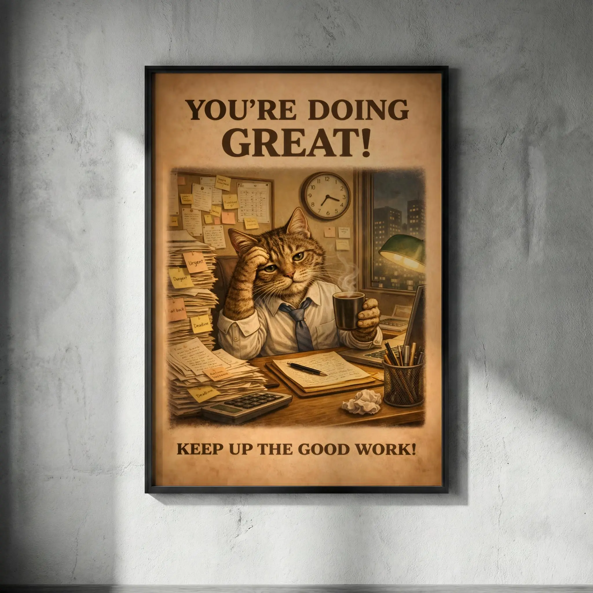 [SALE UP TO 40%] [Unframed] Vintage Funny Cat Poster "You're Doing Great", Retro Office Cat Print, Motivational Office Decor, Sarcastic Work From Home Gift for CoWorker
