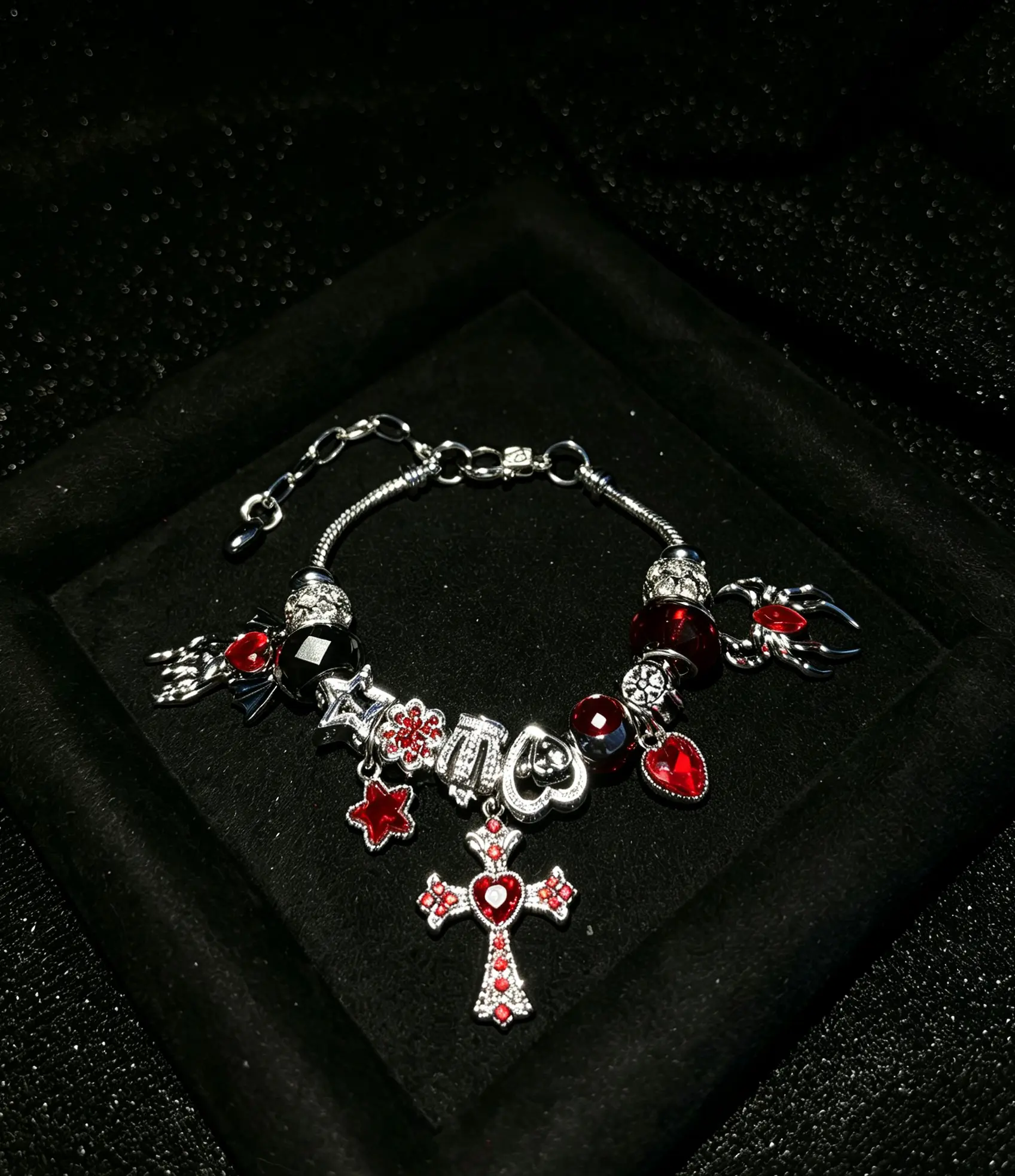 Gothic Red Heart Cross Charm Bracelet, Silver Snake Chain Beaded Bracelet with Spider Star Crystal Charms, Vintage Dark Aesthetic Jewelry Gift for Women