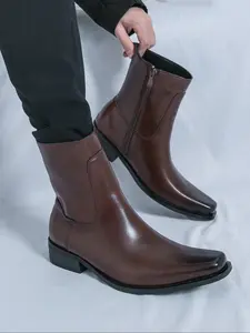 Men's Low Heel Side Zip Chelsea Boots, Ankle Boots, Classic High Top Round Toe, Pure Color Versatile Men's Shoes, Comfortable and Stylish Design, Rubber, Casual Ankle Boots, Durable Boots, Boots With Zipper