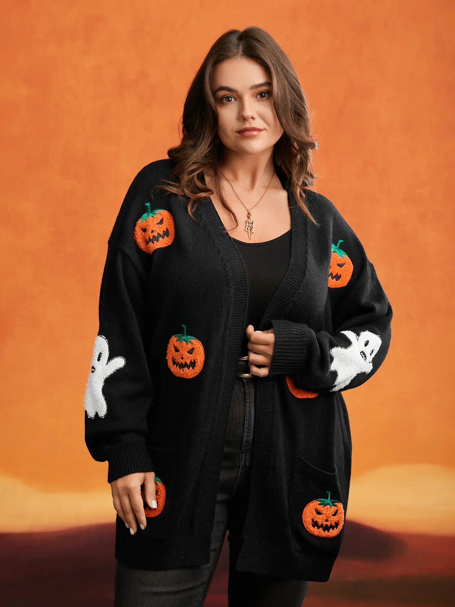 BloomChic Plussize Halloween Kimono Cardigan, Casual Knitting Top with Longsleeves and Embroidered Pockets, Casual Pullover Tops, Cardigans