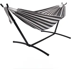 2 Person Double Hammock with Adjustable Steel Stand - 450lbs Capacity Thick Rope Bed - Portable & Space-Saving - Indoor Outdoor Patio Camping Garden - Includes Carry Bag