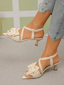 Women's Elegant Solid Color Pointed Toe High Heels, Stylish Bow Design, Stretch Strap Sandals for Casual Dates