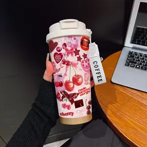 Abstract Cherry Bow Texture Coffee Cup Mug, Portable Lightweight Dual Drink Insulated Stainless Tumbler, Keeps Warm/cold, Boho Bohemian Style, Office, Travel, Outdoor Essential