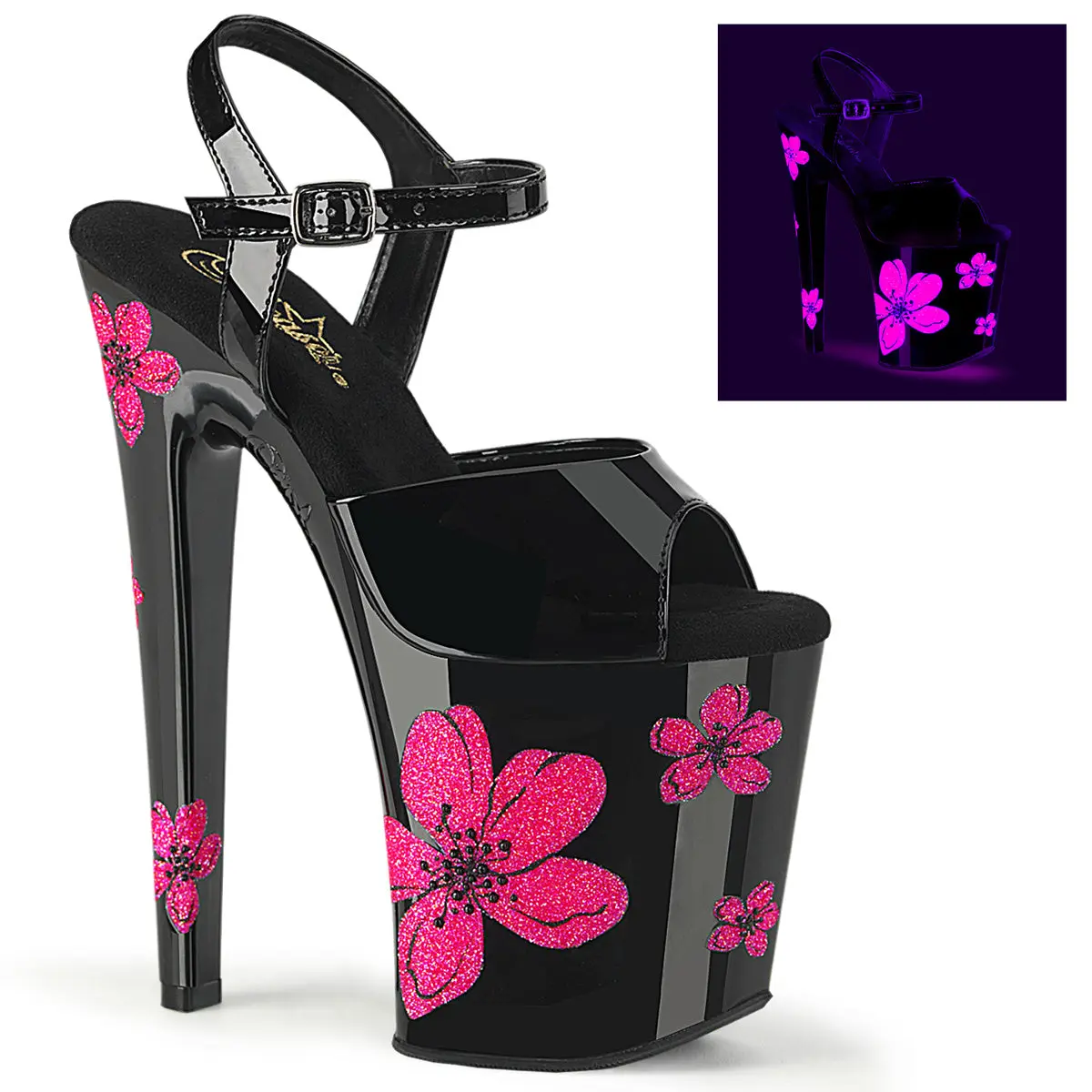 Pleaser Women's 8-Inch Platform High Heeled Shoes - Glossy Black Open-Toed Ankle Buckle Sandals with UV Reactive Neon Pink Hibiscus Flowers, Bold Platform Silhouette Turns Heads, Evening Party Footwear, Exotic Dance Shoes, Platform Heeled