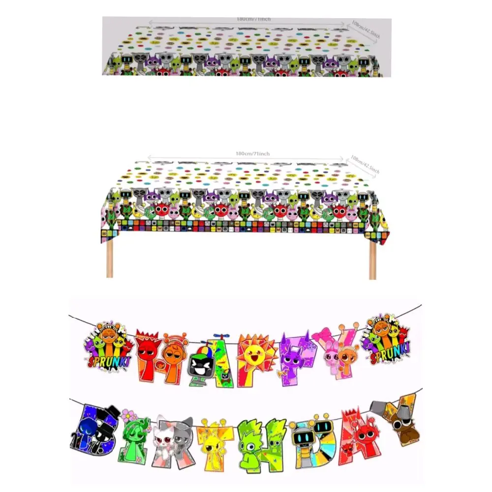 SPRUNKI PARTY DECOR TABLECLOTH  BANNER CUPCAKE TOPPERS
