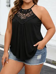 Plus Size Ruched Halter Top, Halter Neck, Lace Hook Design, Slimming Curve Enhancer, Summer Essential Casual Beach Tank, Women's Fashion
