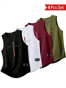 Men's Fitness Tank Top Set, Moisture-Wicking Polyester Fabric, Elastic Breathable Round Neck, Ideal for Sports, Basketball, Gym Running