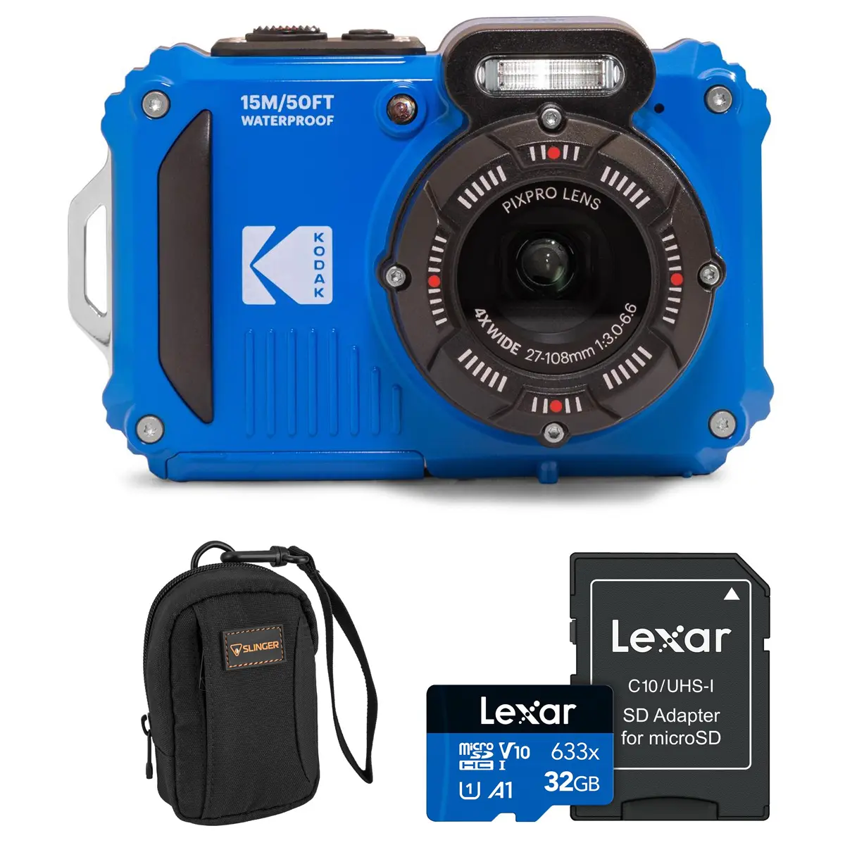 Kodak PIXPRO WPZ2 16MP Full HD Waterproof Rugged Digital Camera, Blue, Bundle with 32GB Memory Card and Camera Bag