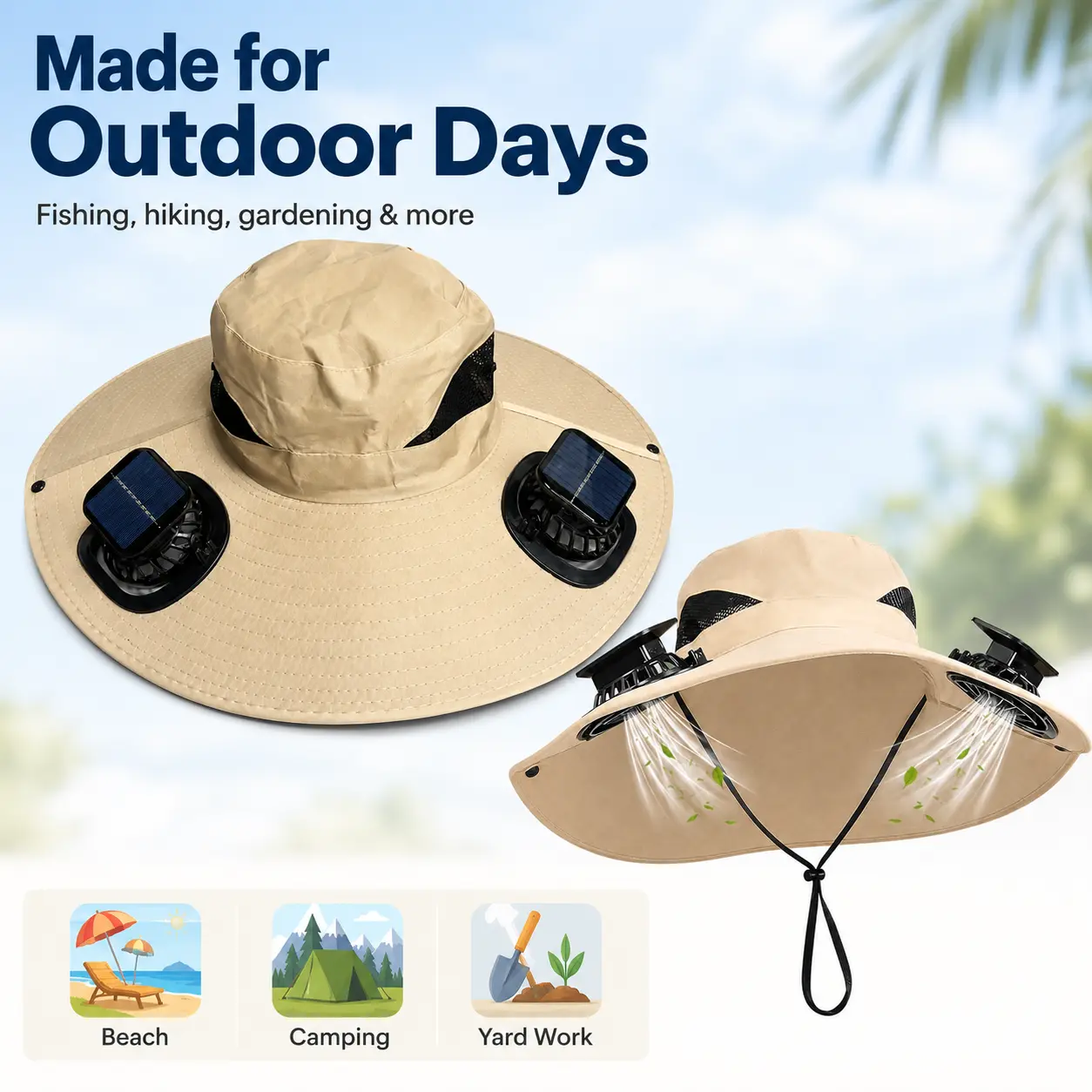Unisex Solar-Powered USB-Rechargeable Wide Brim Cooling Bucket Hat with Dual Fans, 3-Speed Control, Lightweight Breathable Mesh Panels, Hands-Free Sun Shade for Hot Weather Gardening, Outdoor Activities, Wide Brim Hat, Travel, Beach Hat