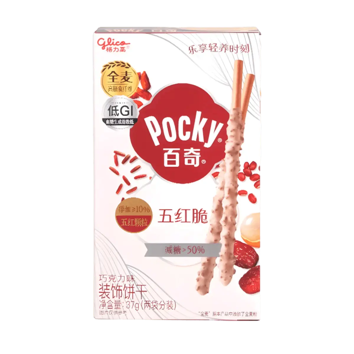 Glico Pocky Five Reds Biscuit Sticks - Low GI, High Fiber Chocolate Coated Snack (37g)