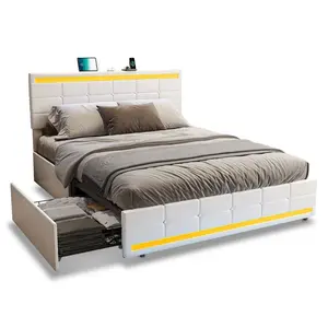Sikaic PU Leather Upholstered Bed Frame with 4 Storage Drawers White Modern Bed Frame with LED Lights, Adjustable Headboard and Charging Station