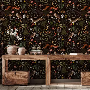 Modern Dark Forest Plant & Animal & Flower Pattern Wallpaper, 1 Count Decorative Peel & Stick Waterproof Wallpaper, Living Room Interior Home Wall Decoration Wallpaper, Decorative Vinyl Decal, Peel And Stick Wallpaper Designs
