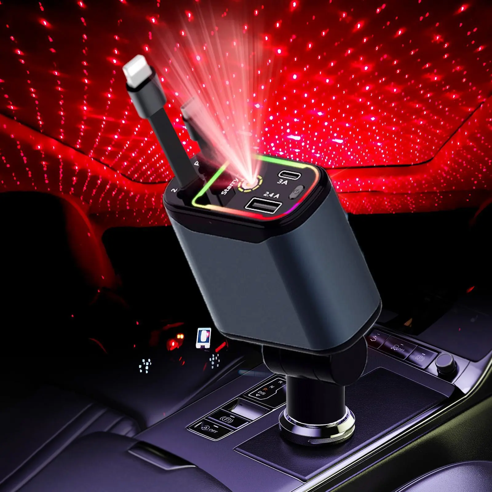 Retractable Car Charger  Car Charger with Starlight, 66W USB C Fast Car Chargers Adapter, Car Phone Chargers for iPhone 16/15/14/13/12/11 and for Android (Dark Grey)4 in 1 Retractable Car Charger with 2 USB Ports mom type star lightning universal