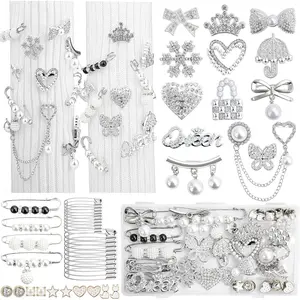 Silver Shoe Charms for Sneakers, Junk Socks Charms Kit, Brooches and Pins for Women, Pearl and Rhinestone Sock Charm with Safety Pins,DIY Accessories for Decorating and Personalizing Socks