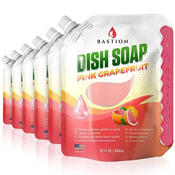 Bastion Dish Soap - Liquid Dishwashing Degreaser & Detergent - Pink Grapefruit Fragrance - 32oz Refill Pouch- All Natural - Cruelty-Free (6 Pack)