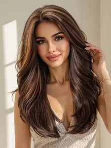 20 Inch Brown Long Deep Wavy Wigs for Women, Gorgeous Fluffy Wigs without Bangs, Synthetic Lace Front Wigs for Party, Daily Use