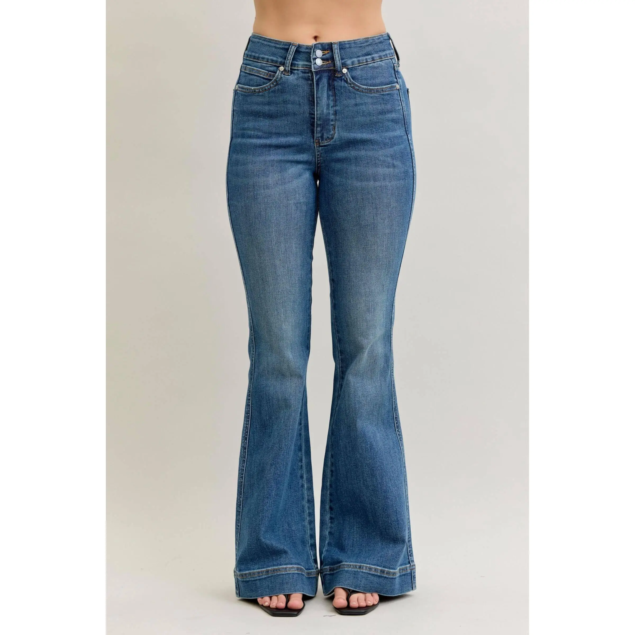 Judy Blue High Waist Tummy Control Double Button Flare Denim Jeans 881018 Fit Pants, Trend, Spandex, Smooth, Cotton, Stretchy, Bottom, Chic, Slim, Cotton Blend, Flared Legs, Style, 14W, 16W, 20W, 22W, 24W, Cold Wash
