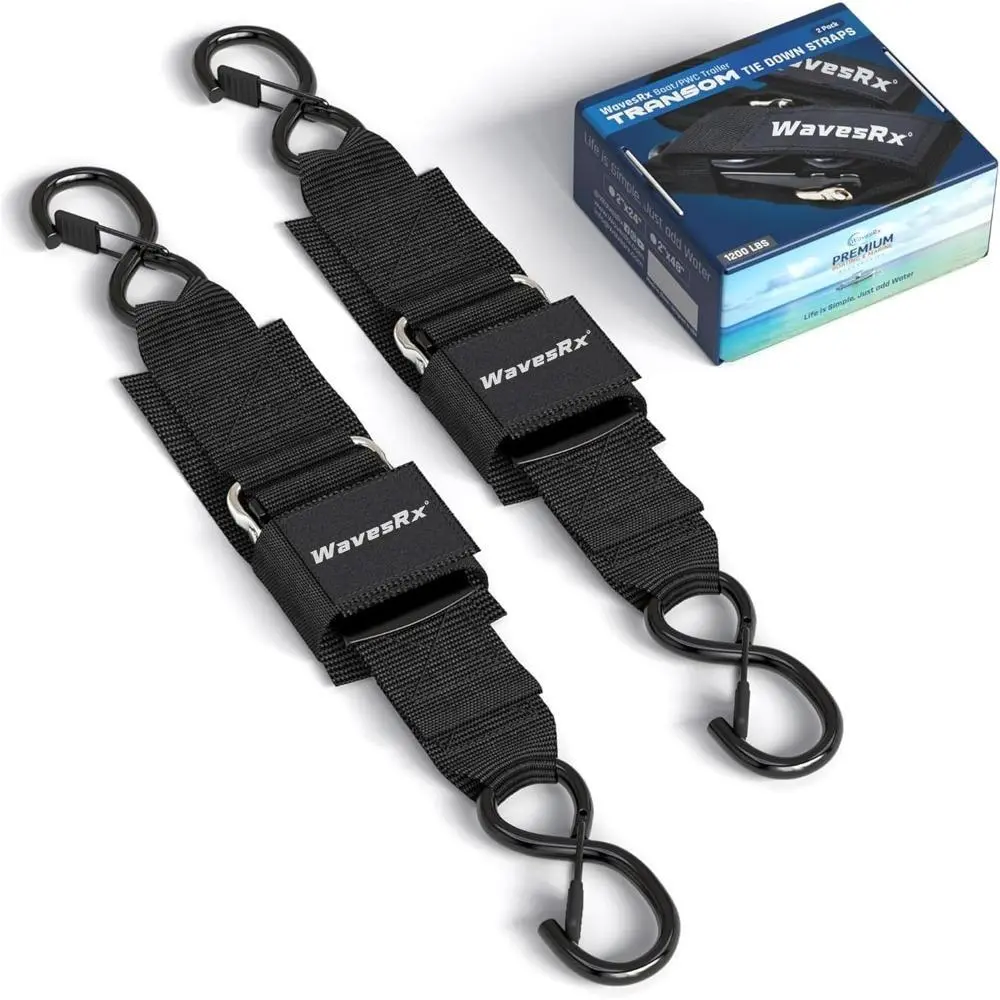 Heavy Duty Adjustable Transom Straps for Boat & Jet Ski Trailer Transportation, Easily Adjustable 16"-48" with Quick Release Buckle, Vinyl Coated Safety Hooks, 1,600lb MBS, Engineered for Long-Term Performance, Fits Boats Up To 24', 16” To 48”, Adjustable