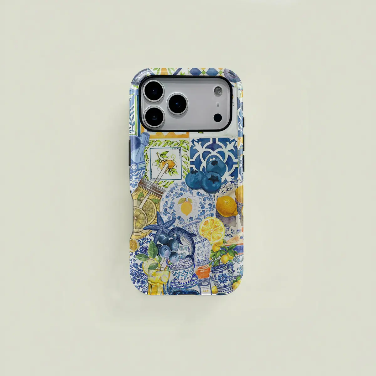 This protective case features a refreshing blue and yellow watercolor-style lemon and blueberry collage pattern. It's a durable 2-in-1 case suitable for iPhone 17/16/15/14/13/12/11 Pro Max/Plus/Pro and Samsung Galaxy S25/S24/S23 Ultra series. It's a simpl