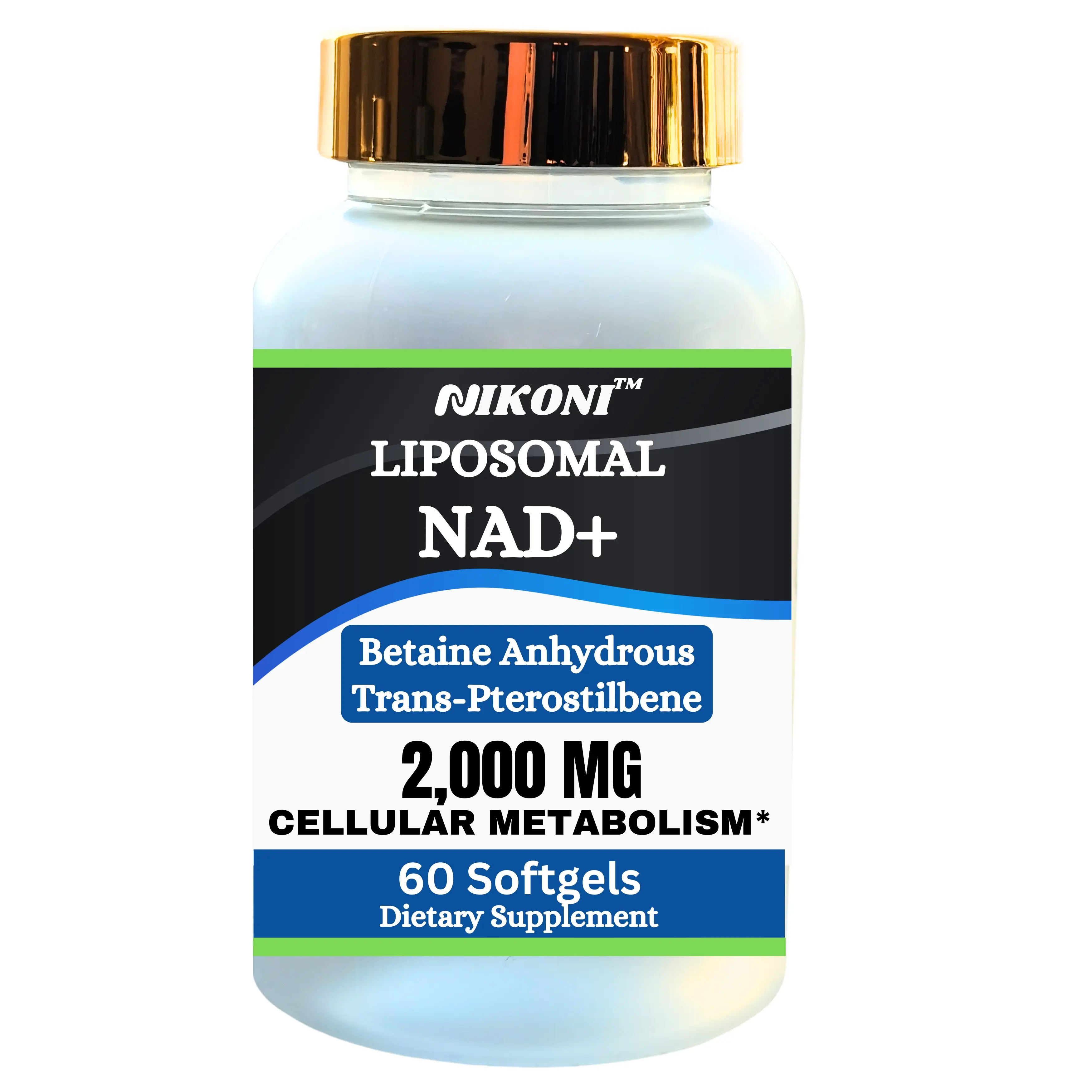 Nikoni Liposomal NAD+ 2000 mg with Betaine and Pterostilbene, Supports Healthy Aging- 60 Softgels Healthcare Fitness Optimum Wellness Supplement Edible Dietary