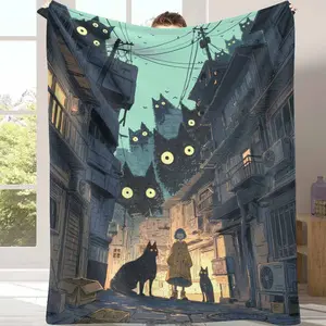 Urban Night Cat Flannel Blanket， Mysterious Black Cat Artwork Print， Soft Warm Cozy Durable Throw， Perfect for Bedroom Decor， Sofa Lounging， Reading Corner， Office Nap， Autumn Gift， Housewarming Use