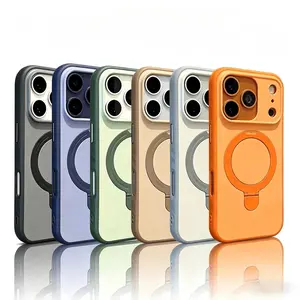 【Free Ship】 Two-Tone Skin Touch Magnetic Stand Case for iPhone 17 Pro,17 Pro Max,16,15,14,13,12, Smooth Non-Scratch Lens Guard Shockproof Phone Cover