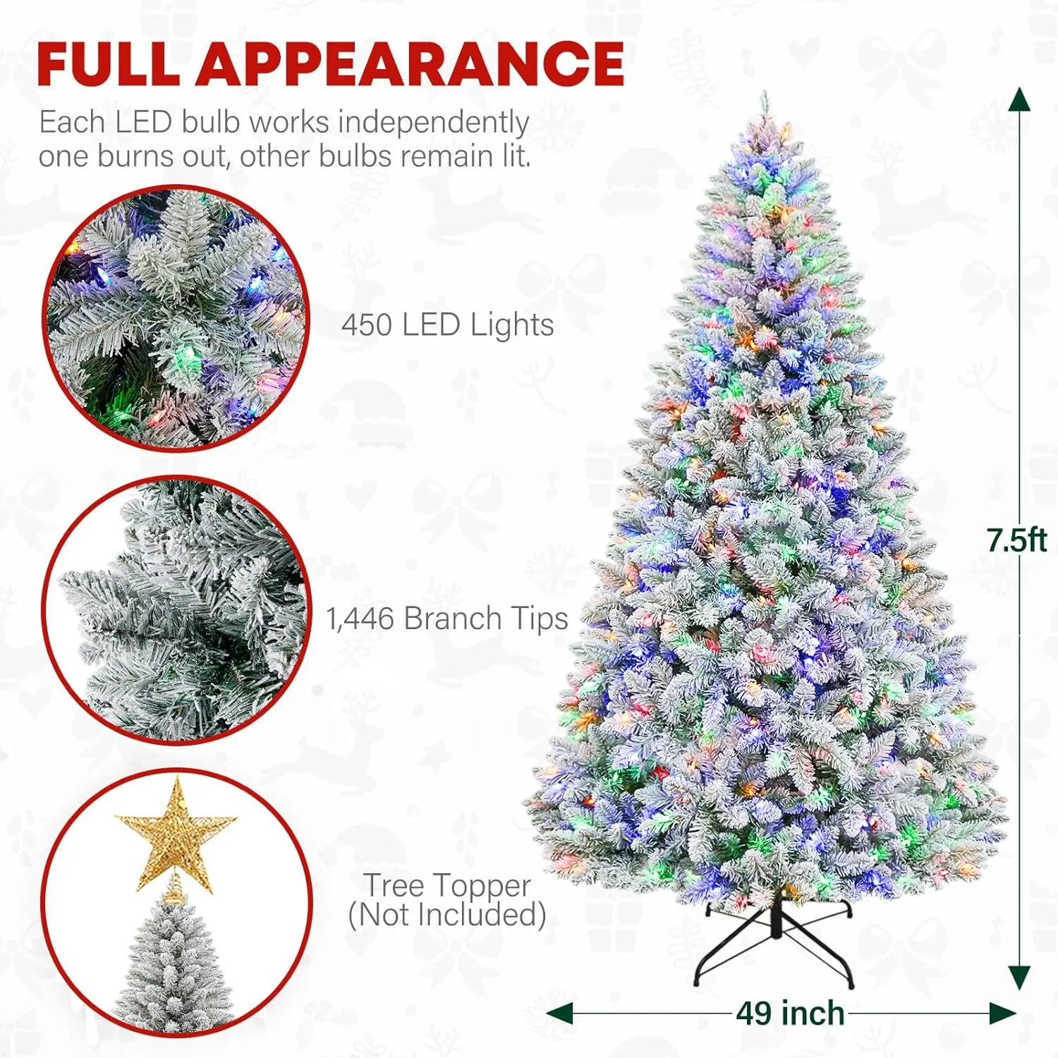 7.5ft Lighted Snow Flocked Christmas Tree, 450 Multicolor LED Lights,  with 1446 Branch Tips, Metal Stand & Hinged Branches for Decoration, 10 Modes