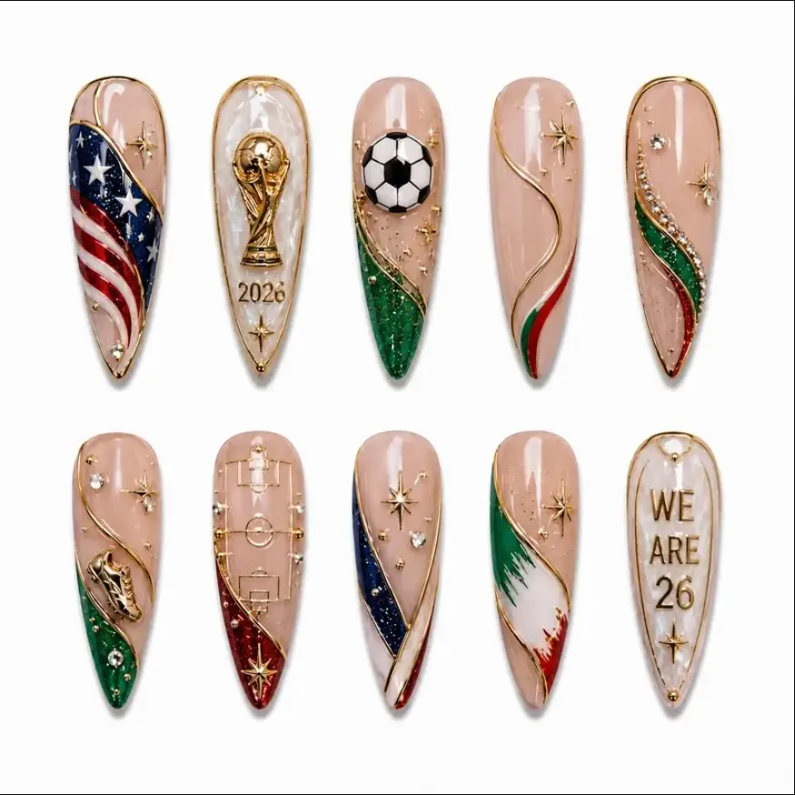 2026 World Sport Press On False Nails Set, America Soccer Team Nail Art, Gif For Sport Lover