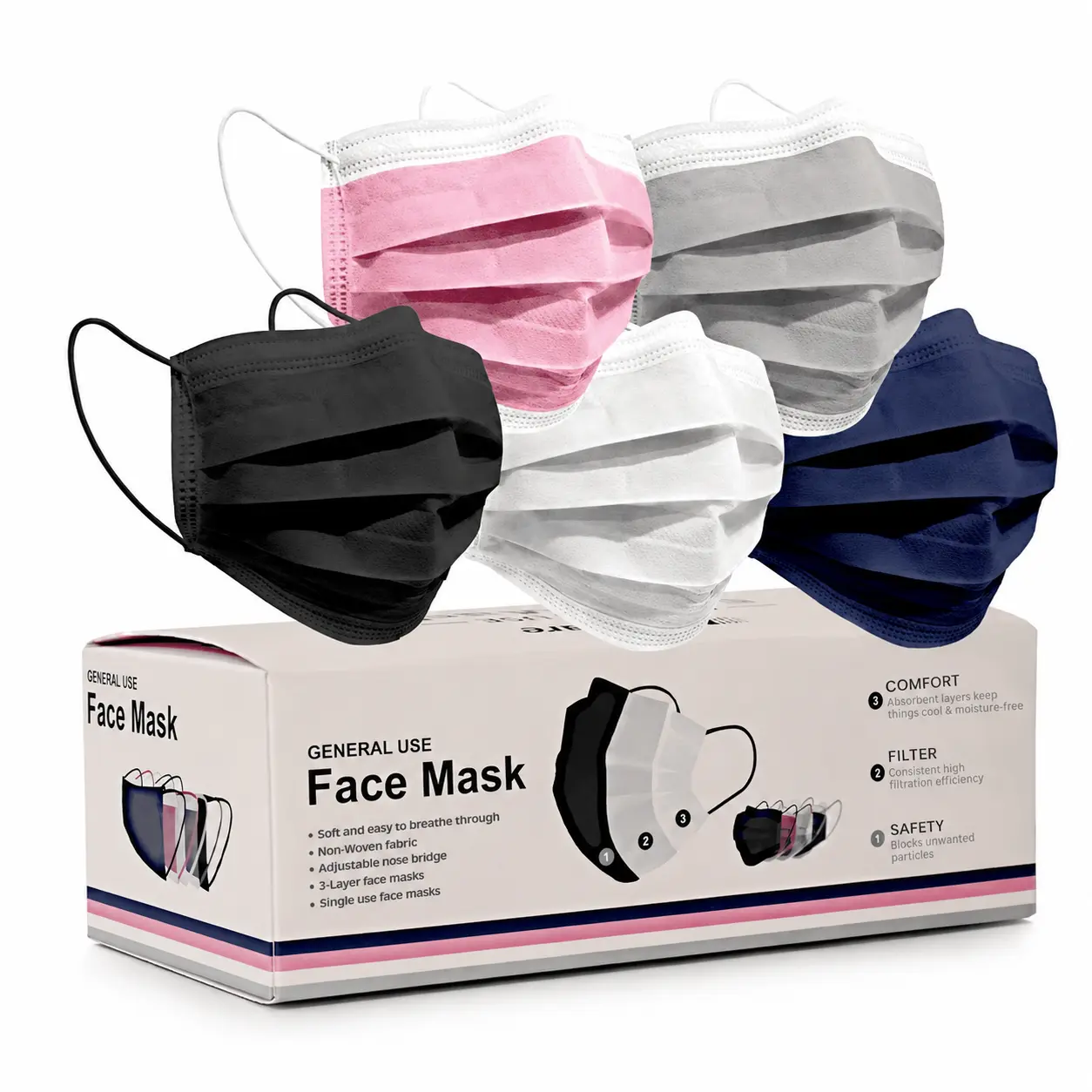 Disposable Adult Non-Woven Dust-Free PPE Masks (50/100/200Pcs) - Black, White, Pink, Blue - 3-Layer, ASTM Level 3, P100 Filtering - Protection for Healthcare, Office, Heavy Travel Essentials
