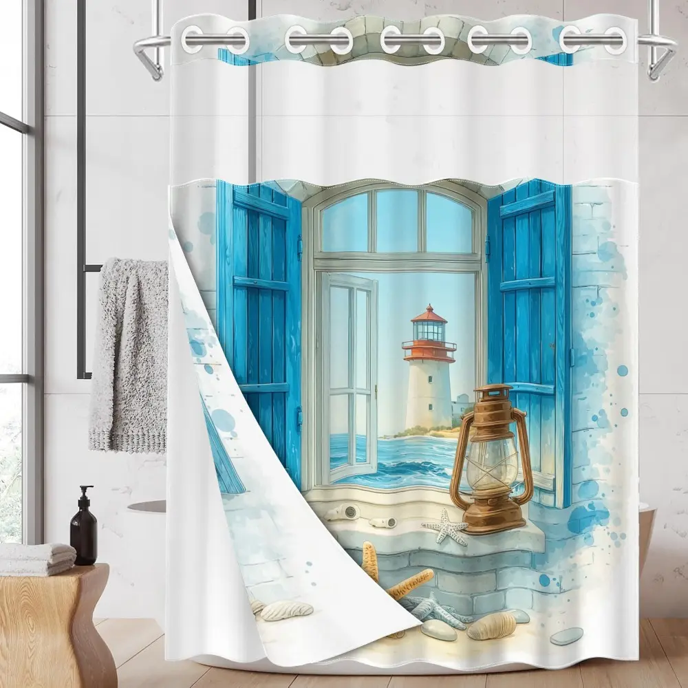 1PC/4PCS 2D Flat Printing Blue and White, Lighthouse, Starfish, Seashells Patterned shower curtain set with 12 hooks, home bathroom decor, Home goods, Bathroom Accessory, non-slip bathroom rug, U-shaped toilet seat cover, toilet seat mat