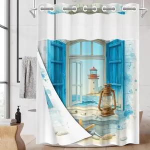 1PC/4PCS 2D Flat Printing Blue and White, Lighthouse, Starfish, Seashells Patterned shower curtain set with 12 hooks, home bathroom decor, Home goods, Bathroom Accessory, non-slip bathroom rug, U-shaped toilet seat cover, toilet seat mat