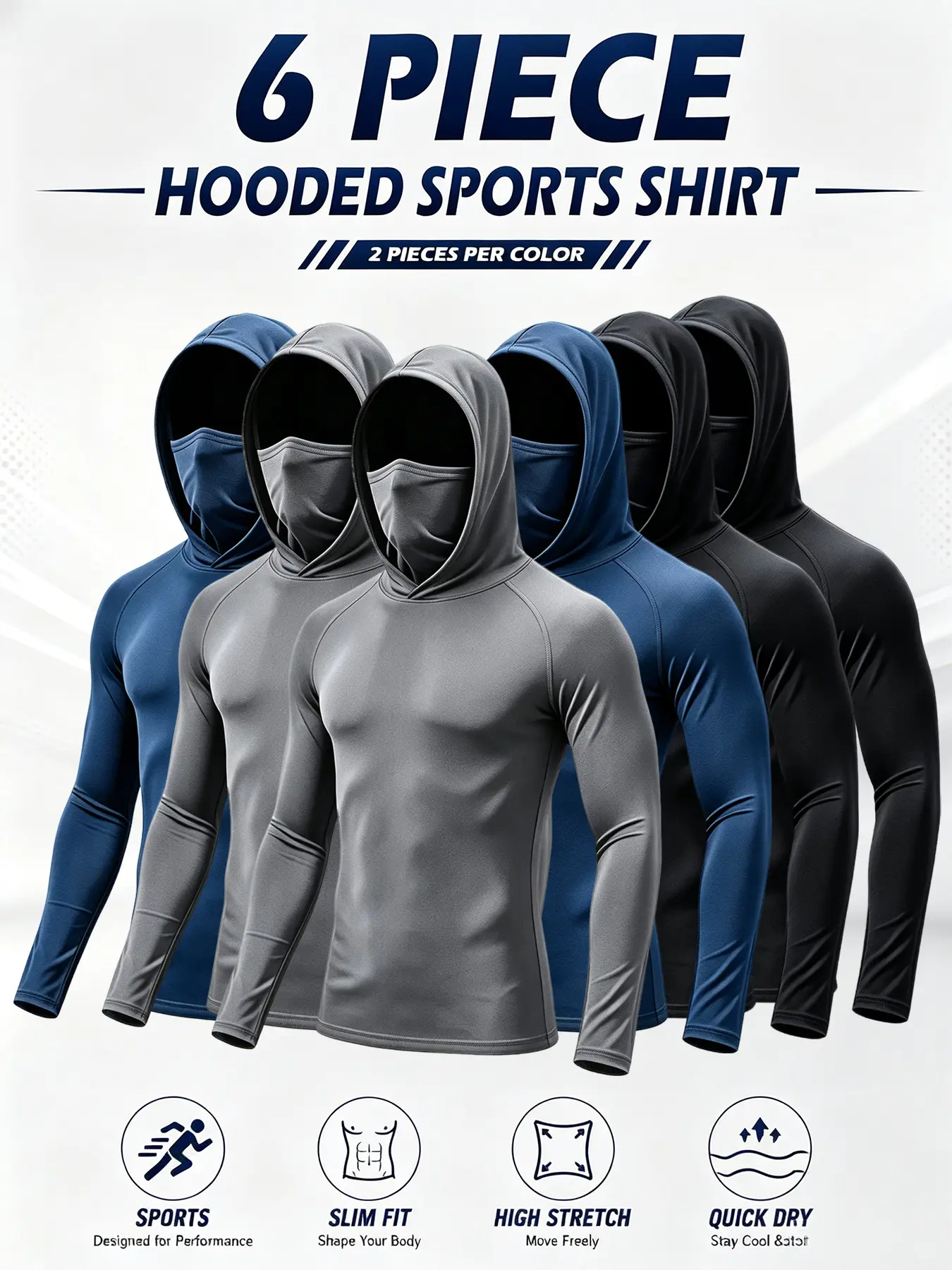 6-piece set men's outdoor work sun protection clothing with sun-blocking hoodie, featuring built-in face mask and neck guard, breathable long-sleeve hoodie