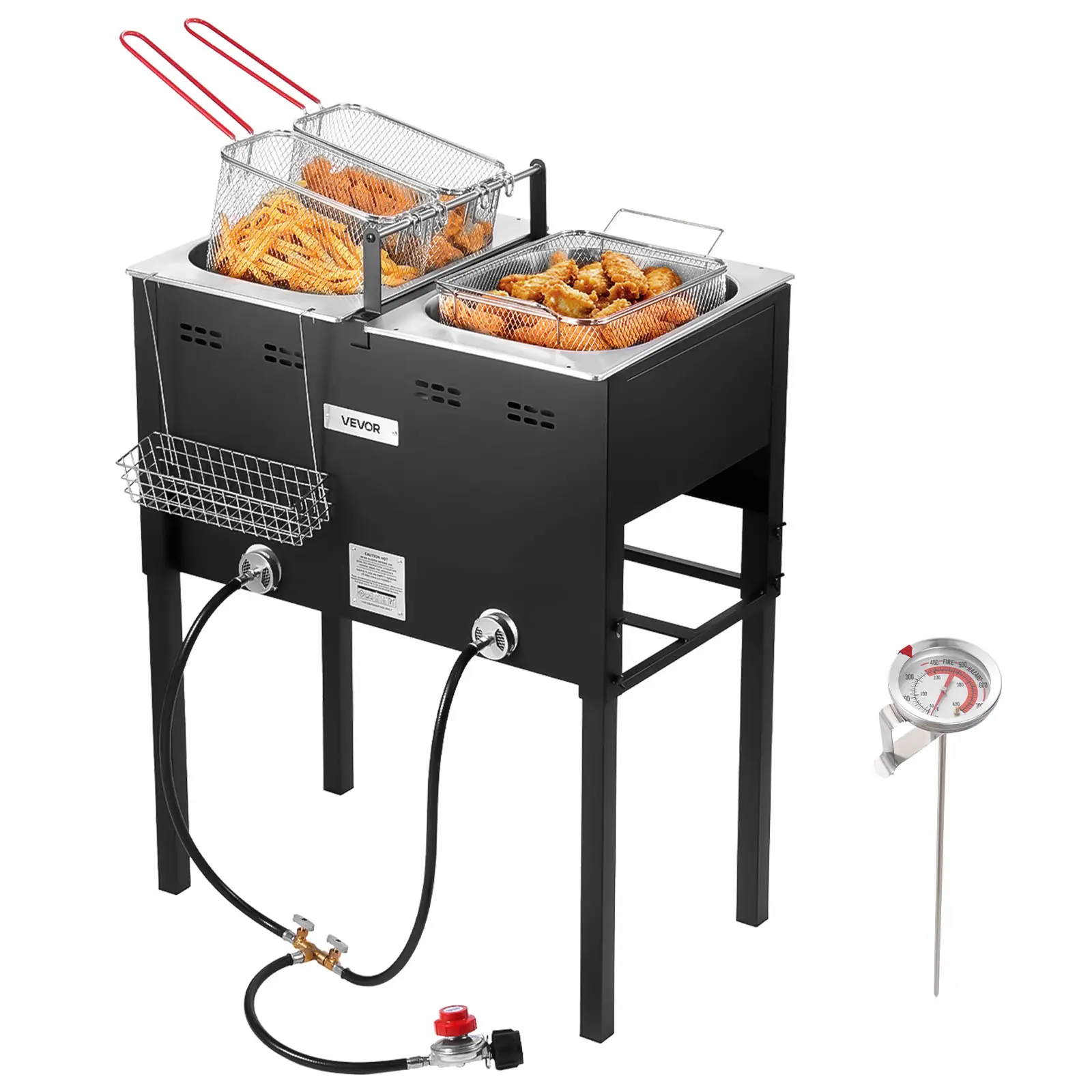 【Summerfinds】VEVOR Outdoor Propane Deep Fryer,Dual-Tank 16QTx2 Large Capacity Commercial FryerStainless Steel Fish Cooker with 3 BasketThermometerFloor Standing Fryers for Catering Event Camping50,000 BTU, Dual Output Fryers, Stainless Steel Fryers
