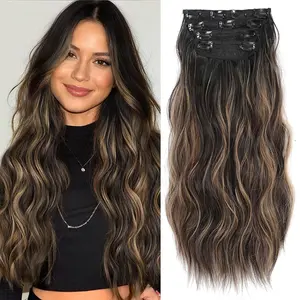 Clip in Hair Extensions Natural Black to Caramel Blonde Highlights Hair Extensions Long Wavy Synthetic Hair Extensions Double Weft Hairpieces 20 Inch & 24 Inch