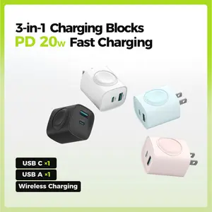 Charging Blocks for Apple Watch, 3-in-1 PD 20W USB C Charger Block with Built-in Wireless Smart Watch Charging, Dual Ports Wall Charger Compatible with iPhone,AirPods,iWatch