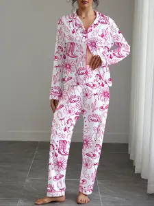 Women's Autumn Winter Home Wear Set, Western Cowboy Print, Casual Style Shirt Collar Long Sleeve Top & Elastic Pants, Soft Fabric