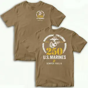 Menswear Round Neck Short-Sleeve T-Shirt, US Marines 250-Year Anniversary Graphic Top, USMC Military Pride Unisex Casual Tee, Patriotic Veteran Gift for USA Adults