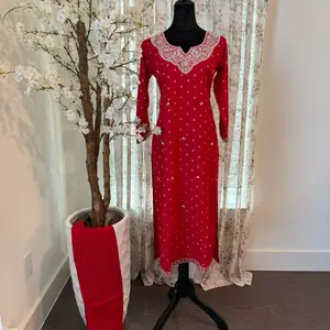 Softest Rayon Fabrics 3pcs Kurti Set in Red with Elegant Design and 3 Pieces Included