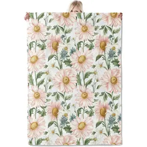 Daisy Floral Blanket,Vintage Pink Wildflower Lightweight Flannel Throw with Green Leaves on White,Spring Rustic Farmhouse Home Decor,Gifts for Girls,Women