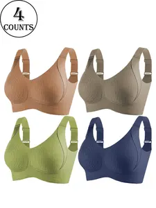 Women's Seamless Wireless Bra, Adjustable Wide Shoulder Straps, Comfortable Breathable Everyday Wear, Ribbed Stripe Design