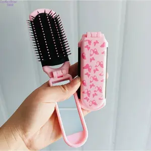 Portable Foldable Long Air Cushion Hair Brush, Scalp Massaging Detangler Brush with Built-in Mirror, 2-in-1 Compact Airbag Comb for Home Travel & Daily Hair Styling