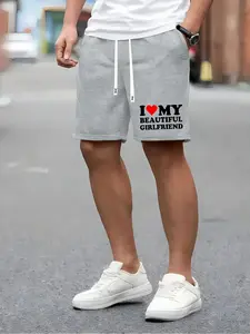 Men's Regular Fit "I Love My Beautiful Girlfriend" Letter Print Drawstring Waist Shorts, Casual Breathable Comfortable Summer Shorts, Men's Bottoms for Daily Wear