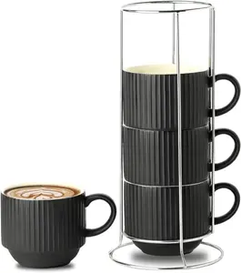 Coffee Cups Set of 4 with Stand, 15 OZ Ceramic Stackable Coffee Mugs with Handle for , Cocoa, Cappuccino and Latte, Porcelain Vertical Stripe Coffee Cups for Men and Women, Matte Black